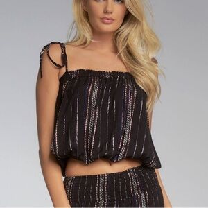 Elan Black Metallic Stripe Tie Strap Top Medium